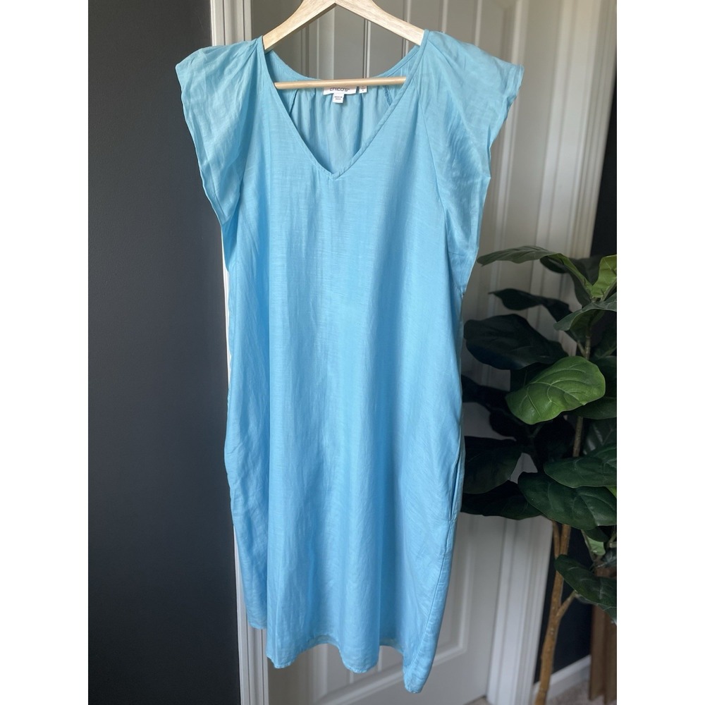Chico's Blue Cotton Silk Shift Dress V-Neck Ruffle Flutter Sleeve Lined 0 US Sm